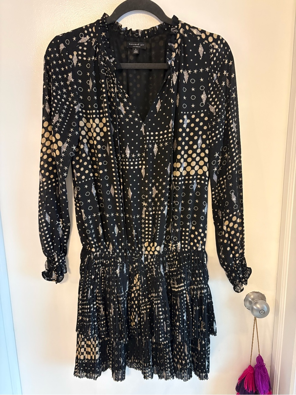 ANTHROPOLOGIE Current Air Black & White Blouson Dress! Long Sleeve. Metallic! Sm
